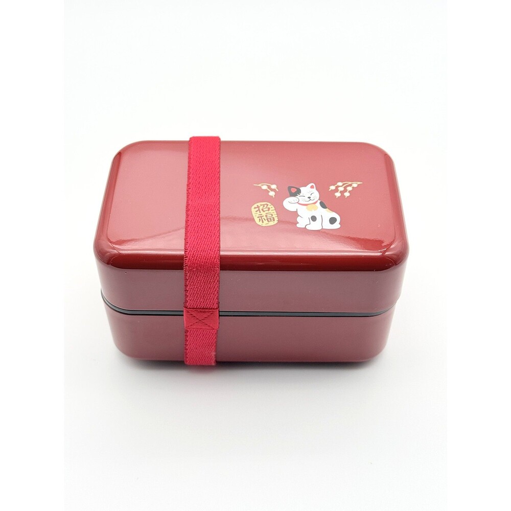 Kotobuki Bento Box 2-Tier Lucky Cat Maneki Neko Red Lacquer Lunch Box Japan